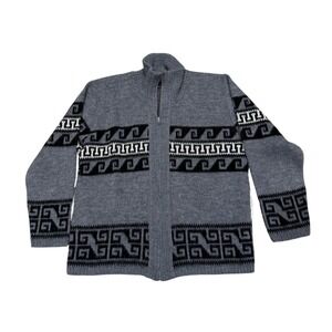 Vintage USA Knit Cardigan Gray Black Southwest Pattern Zip Up Jacket Boho M/L